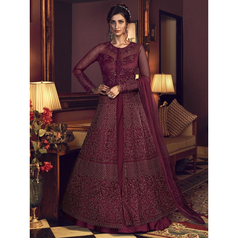 Maroon Embroidered Traditional Anarkali Suit