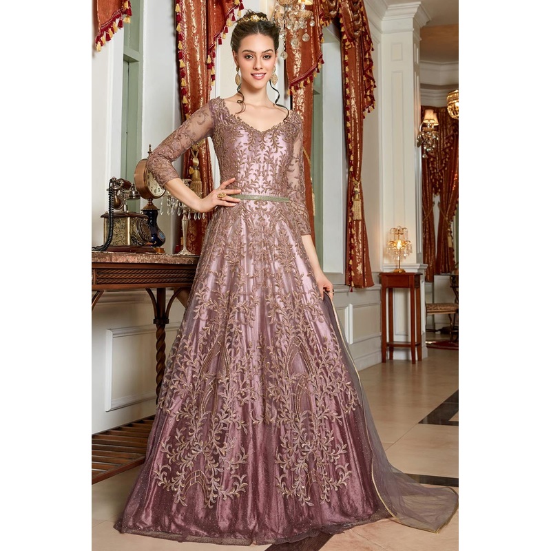 Mauve Color Net Embroidered Anarkali Suit