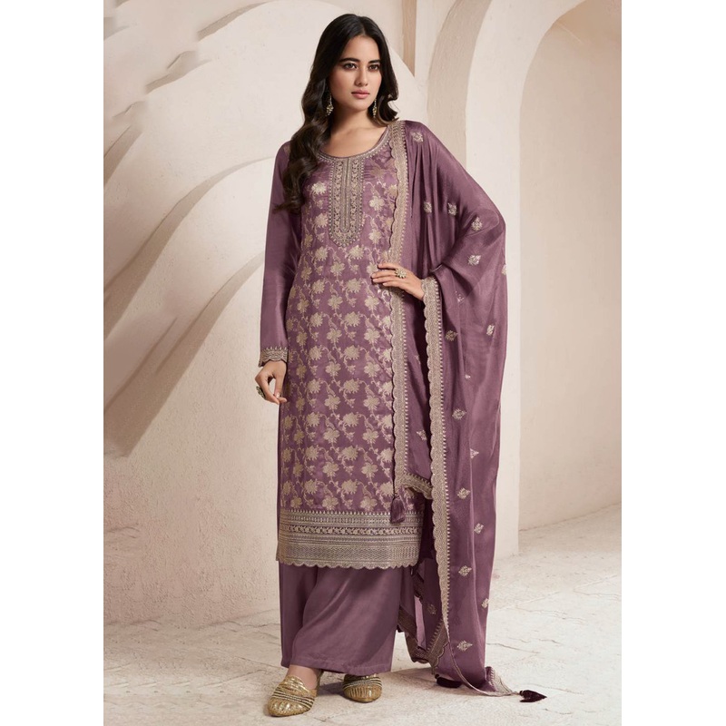 Mauve Purple Silk Jacquard Embroidered Festive Salwar Suit