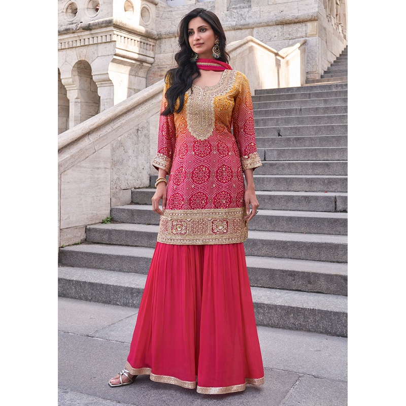 Multi Pink Festive Style Chinnon Gharara Style Suit