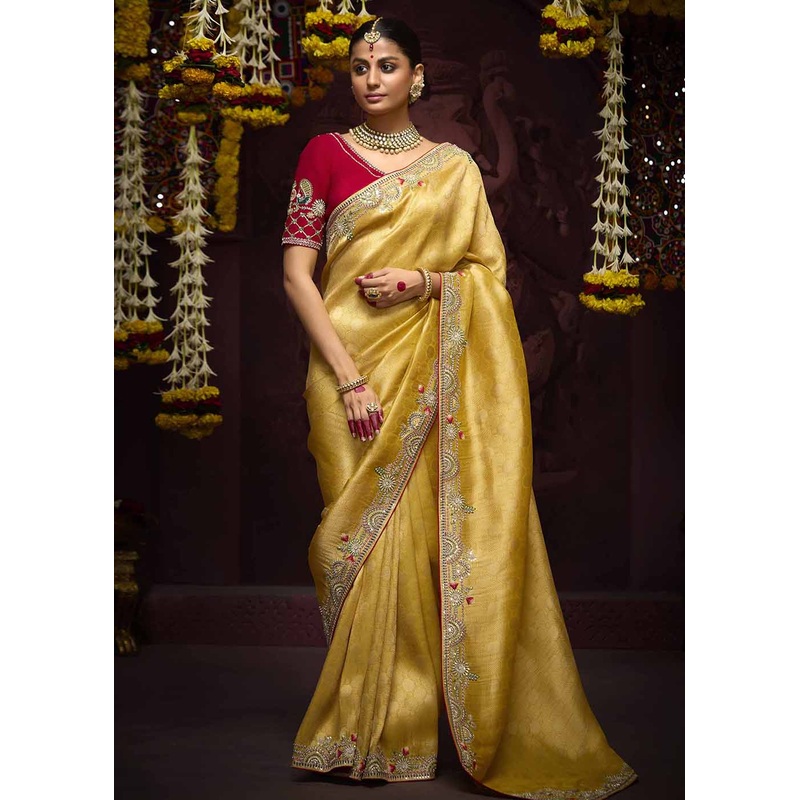 Mustard Kanjivaram Silk Embroidered Designer Saree