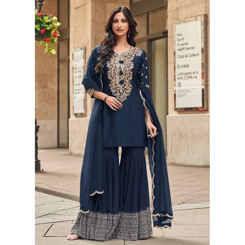 Navy Blue Embroidered Festive Gharara Style Suit