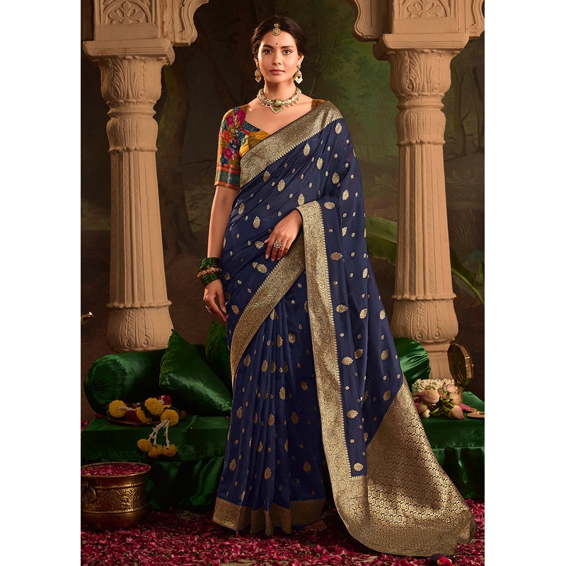Navy Blue Pure Crepe Dola Silk Wedding Festive Saree