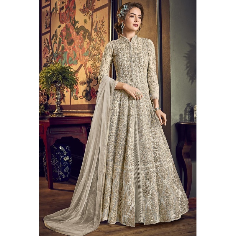 Off White Fancy Jacket Style Embroidered Anakarli Suit