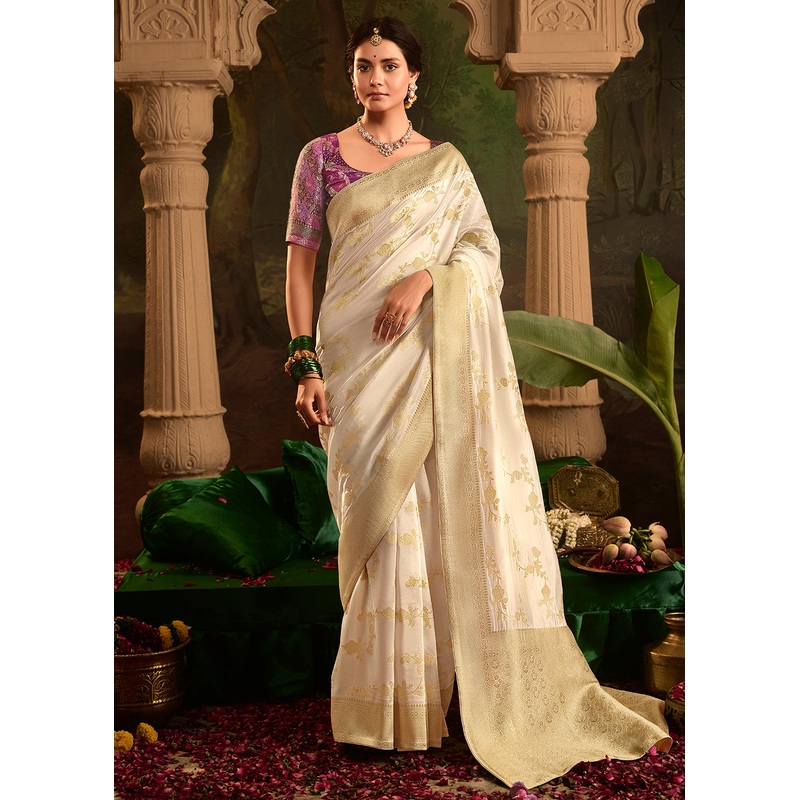 Off White Pure Crepe Dola Silk Wedding Festive Saree