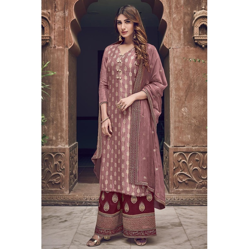 Old Rose Color Jacquard Embroidered Palazzo Style Suit