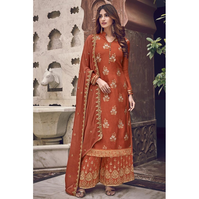 Orange Color Jacquard Embroidered Palazzo Style Suit