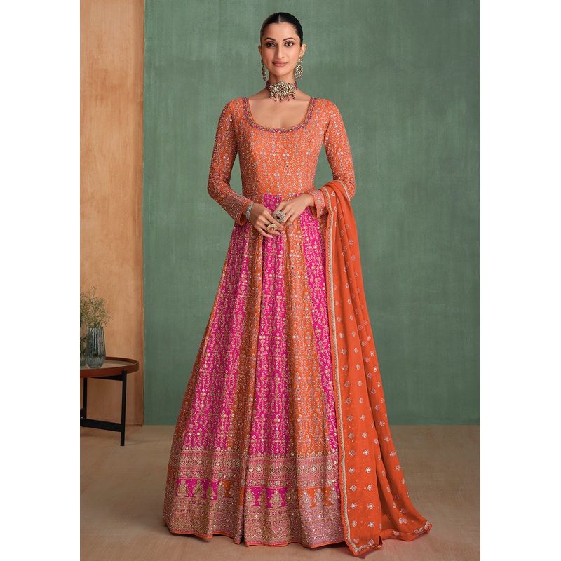 Orange Multi Embroidered Wedding Festive Anarkali Gown