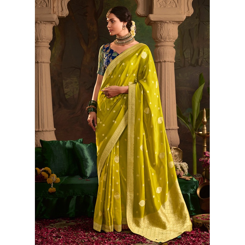 Parrot Green Pure Crepe Dola Silk Wedding Festive Saree