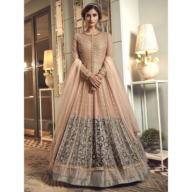 Peach Net Embroidered Anarkali Suit