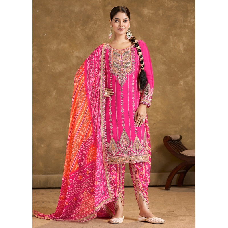 Pink Chinnon Punjabi Style Dhoti Style Salwar Suit