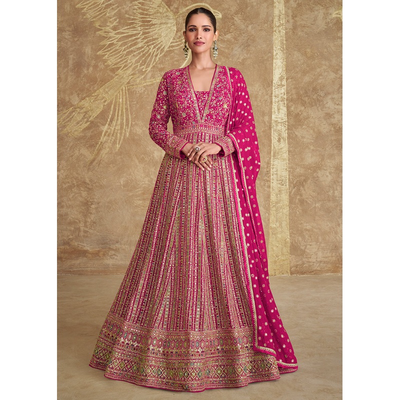 Pink Heavy Embroidered Georgette Wedding Anarkali Gown