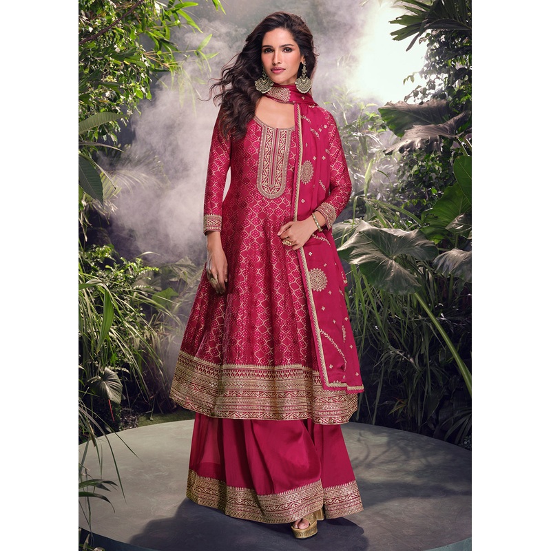 Pink Viscose Jacquard Silk Wedding Festive Palazzo Suit