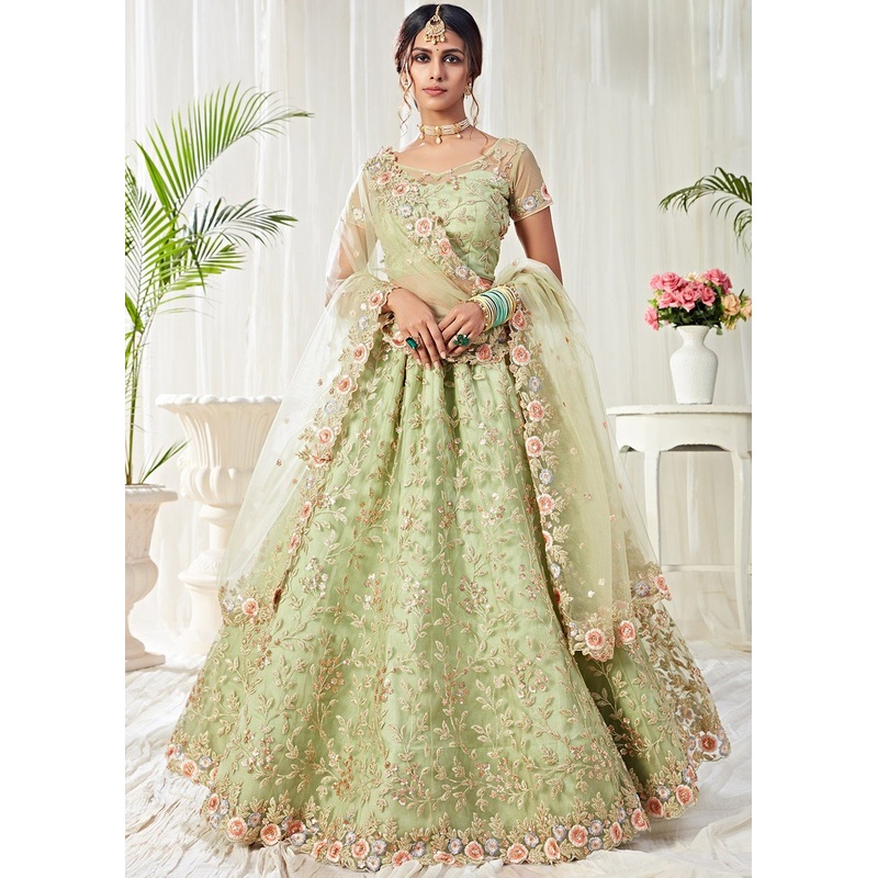 Pista Green Floral Embroidered Stunning Lehenga Choli