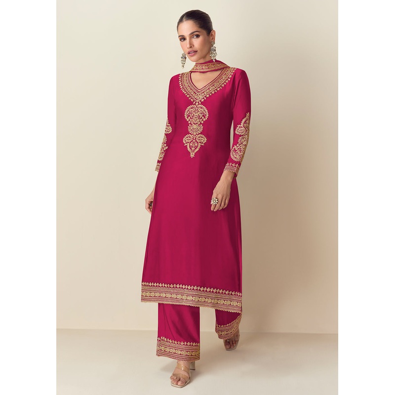 Premium Chinnon Pink Embroidered Palazzo Style Suit