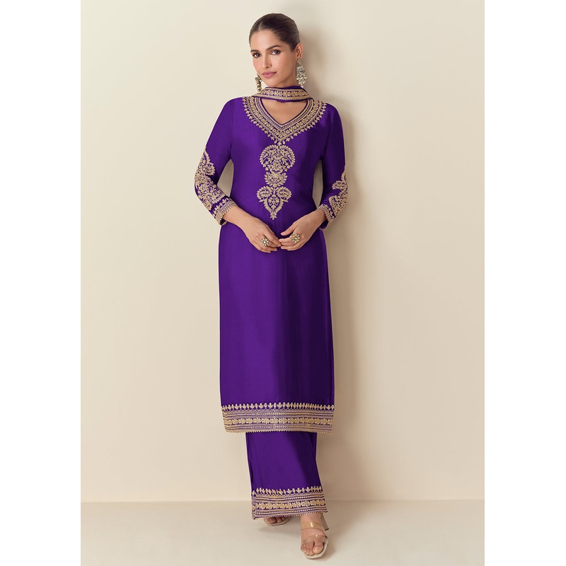 Premium Chinnon Purple Embroidered Palazzo Style Suit
