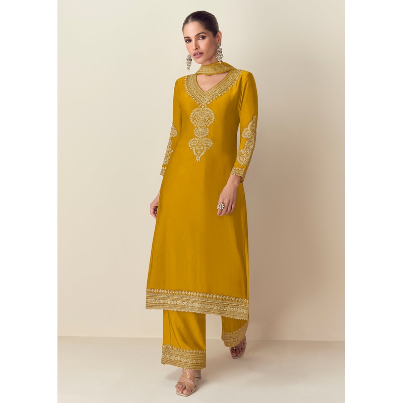 Premium Chinnon Yellow Embroidered Palazzo Style Suit