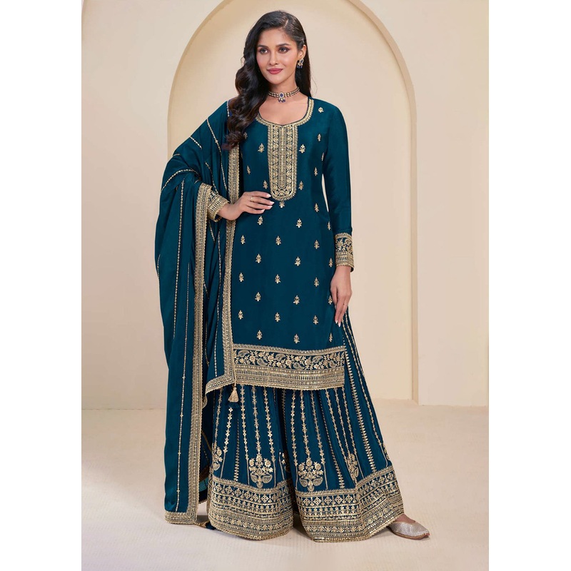 Prussian Blue Embroidered Chinnon Sharara Style Suit