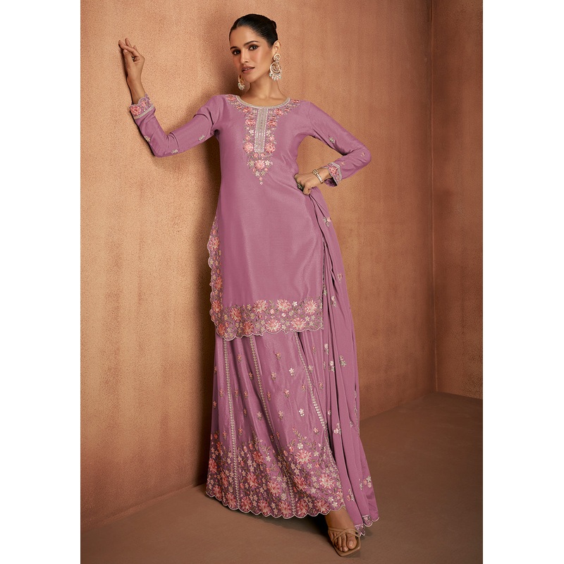 Puce Pink Chinnon Silk Festive Style Palazzo Suit