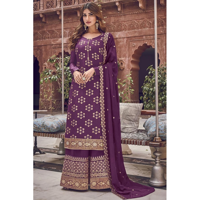 Purple Color Jacquard Embroidered Palazzo Style Suit