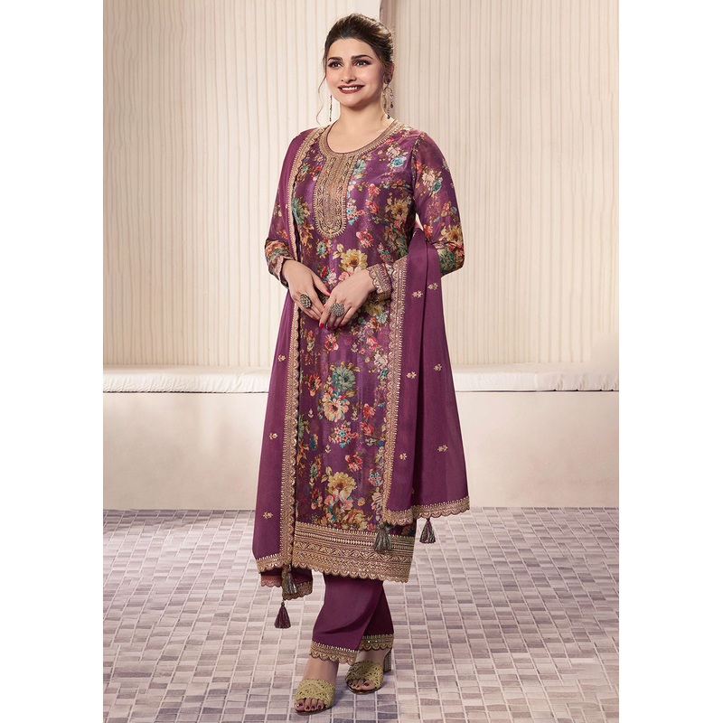 Purple Digital Printed Chinnon Pakistani Style Suit