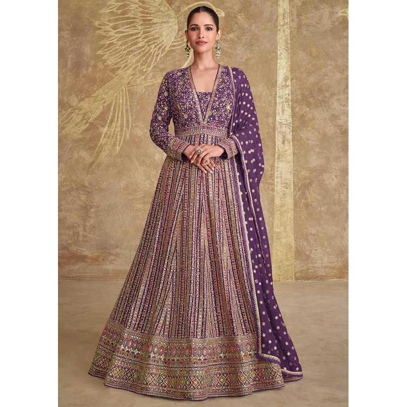 Purple Heavy Embroidered Georgette Wedding Anarkali Gown