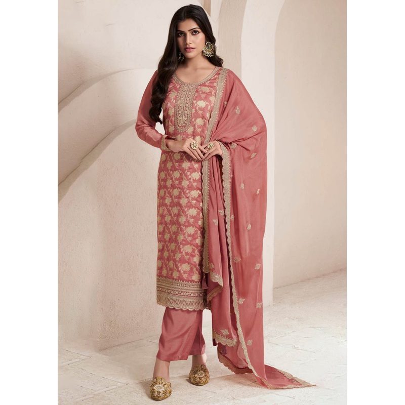 Rusty Peach Silk Jacquard Embroidered Festive Salwar Suit