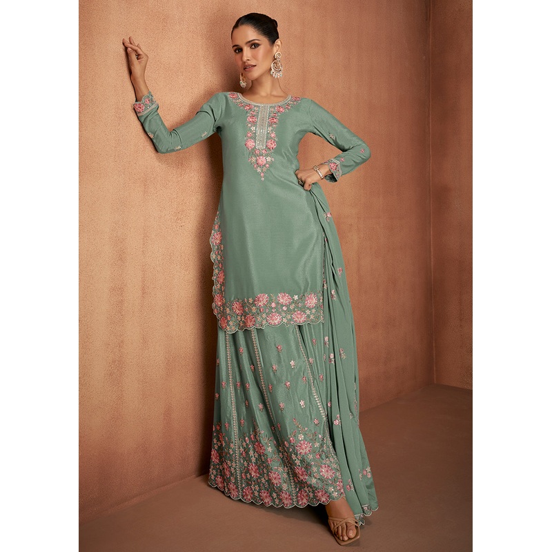 Sage Green Chinnon Silk Festive Style Palazzo Suit