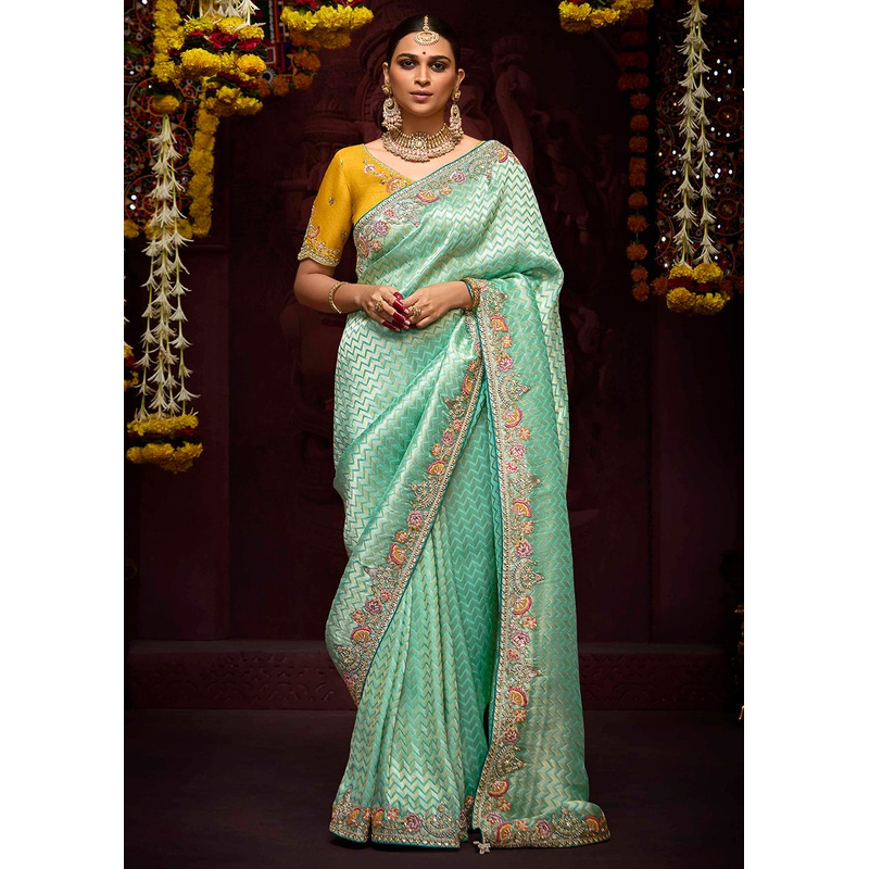 Sea Green Kanjivaram Silk Embroidered Designer Saree