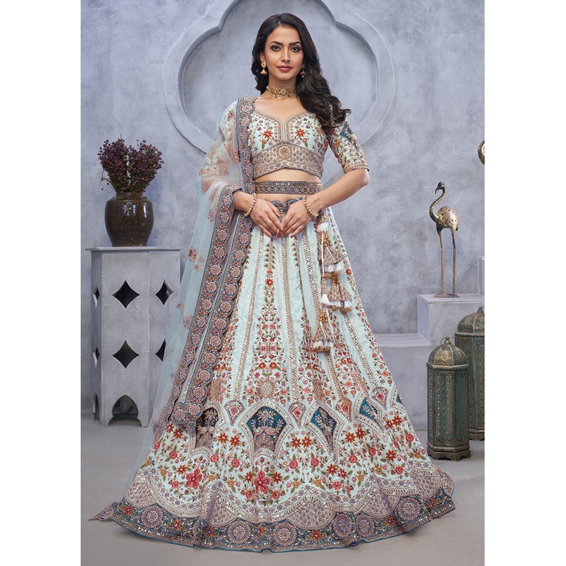 Sky Blue Zari Paisley Embroidered Wedding Lehenga Choli