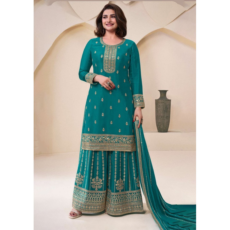 Teal Blue Embroidered Chinnon Sharara Style Suit