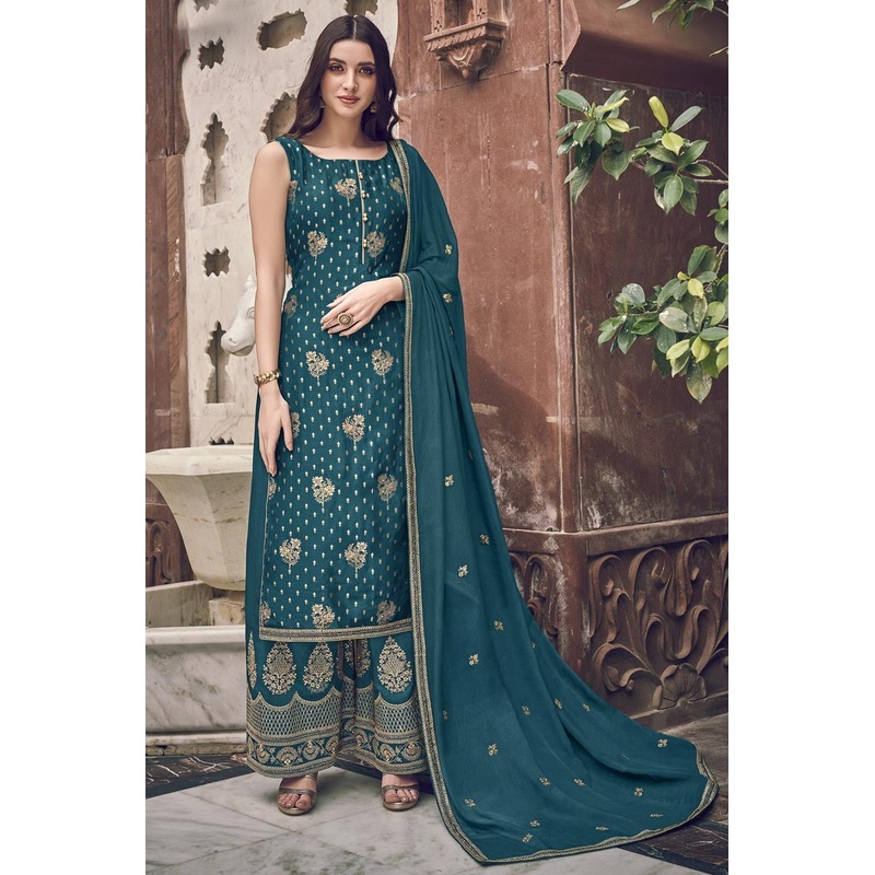 Teal Color Jacquard Embroidered Palazzo Style Suit