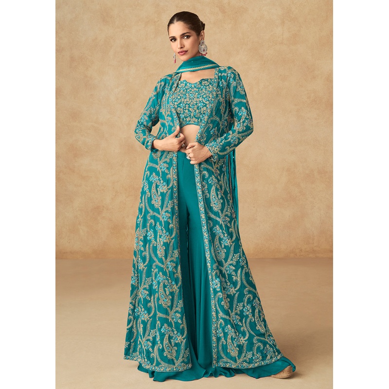Teal Green Embroidered Jacket Style Palazzo Suit