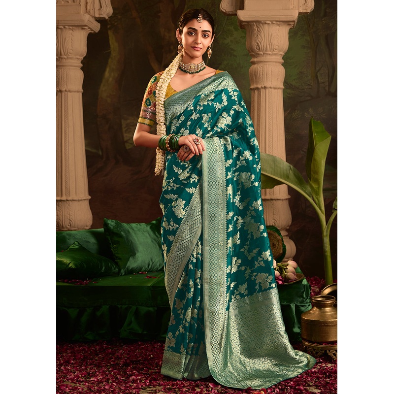Teal Green Pure Crepe Dola Silk Wedding Festive Saree