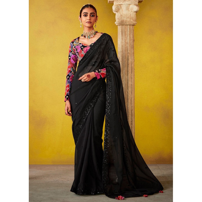 Tempting Black & Pink Fancy Silk Festive Wear Saree