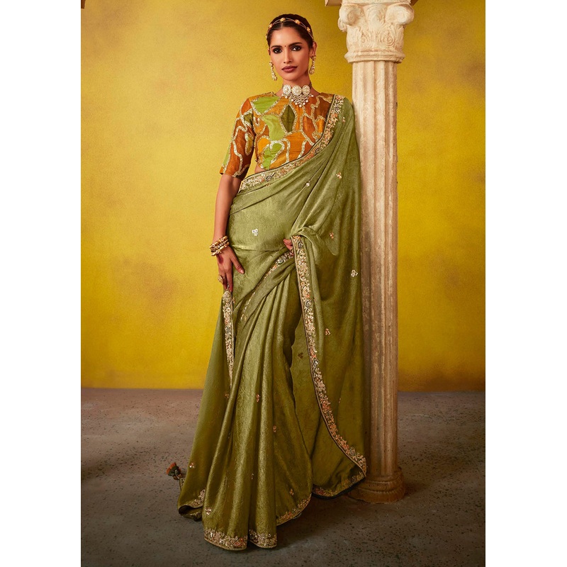 Tempting Green & Mustard Fancy Silk Festive Wear Saree