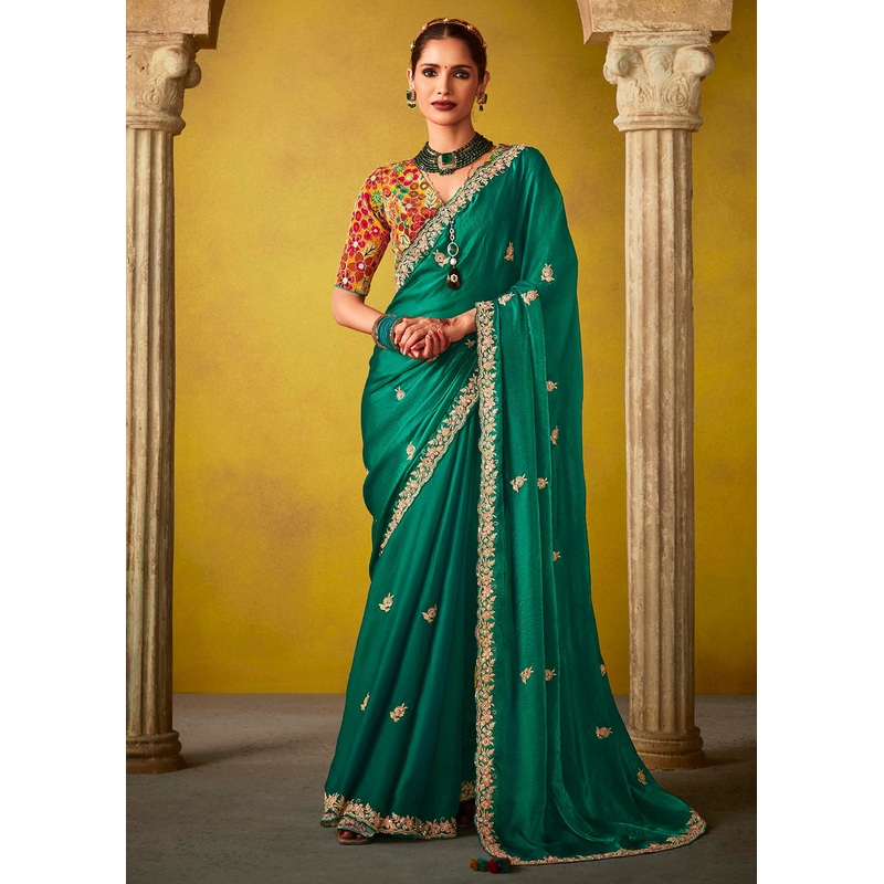 Tempting Green & Yellow Fancy Silk Festive Wear Saree