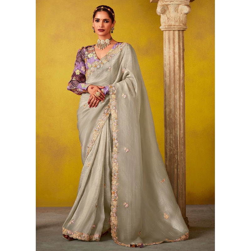 Tempting Grey & Purple Fancy Silk Festive Wear Saree
