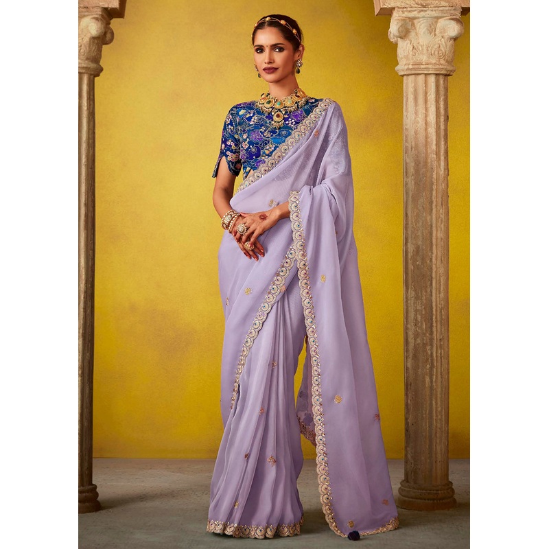 Tempting Lavender & Blue Fancy Silk Festive Wear Saree
