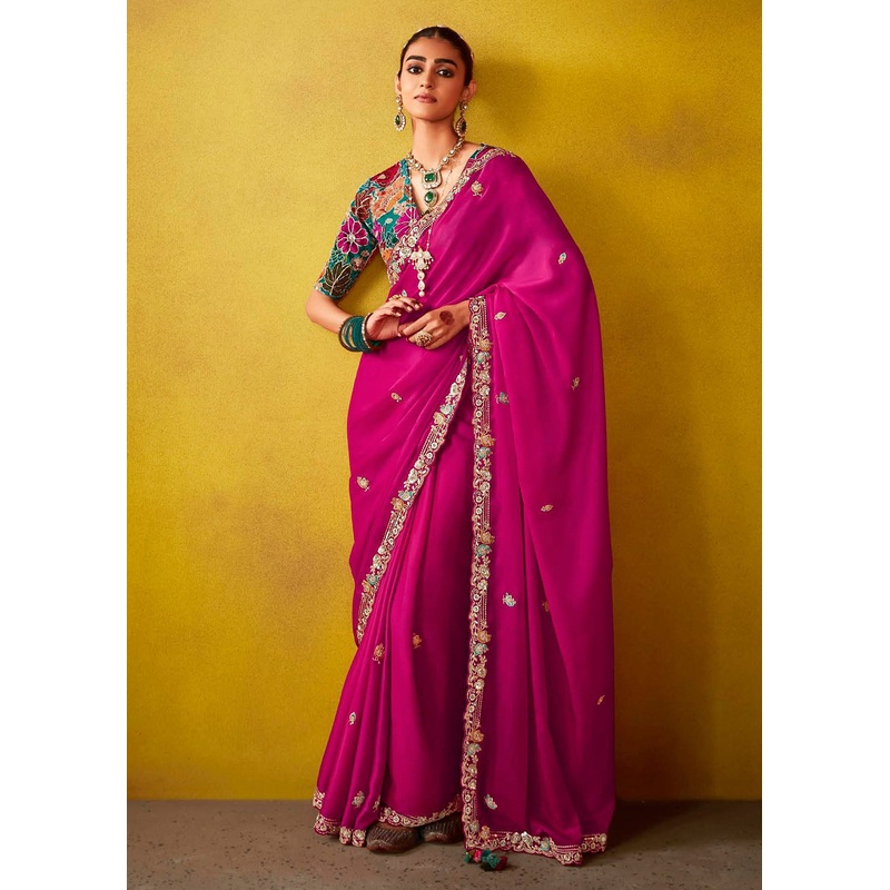 Tempting Magenta & Teal Fancy Silk Festive Wear Saree
