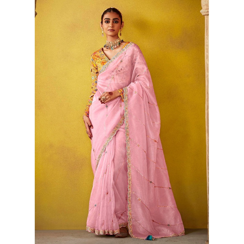 Tempting Pink & Yellow Fancy Silk Festive Wear Saree