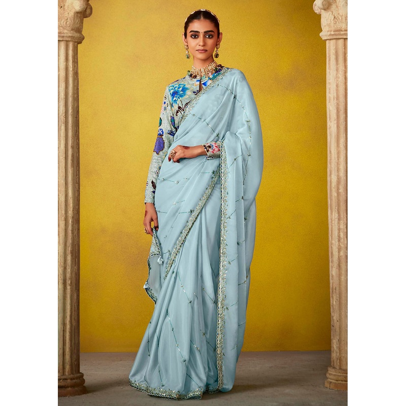 Tempting Sky Blue Fancy Silk Festive Wear Saree