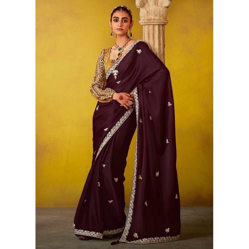 Tempting Wine & Yellow Fancy Silk Festive Wear Saree