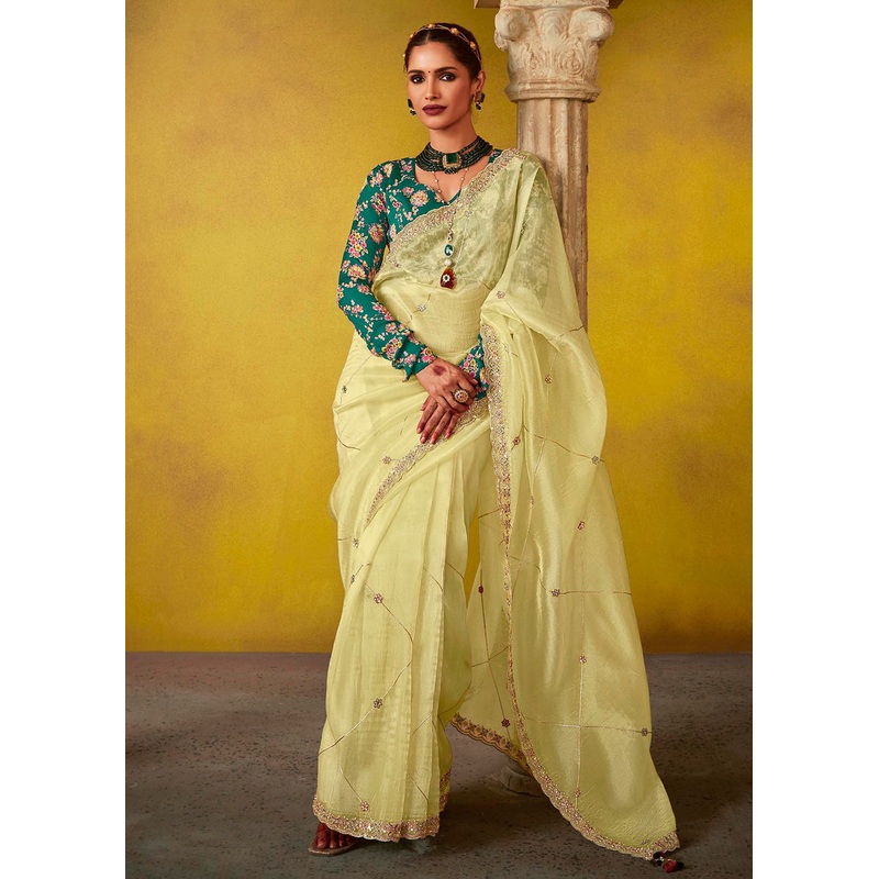 Tempting Yellow & Teal Fancy Silk Festive Wear Saree