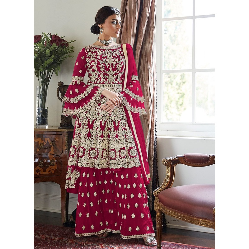 Trendy Bell Sleeved Embroidered Sharara in Hot Pink