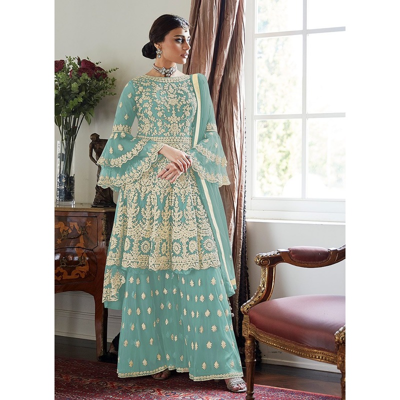 Trendy Bell Sleeved Embroidered Sharara in Light Blue