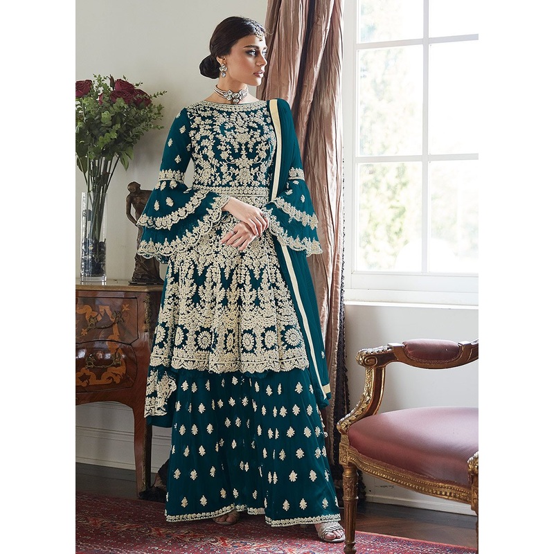 Trendy Bell Sleeved Embroidered Sharara in Nile Blue