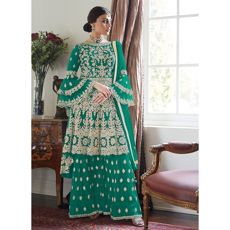 Trendy Bell Sleeved Embroidered Sharara in Woodland Green