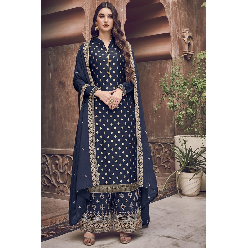 Tuna Blue Jacquard Embroidered Palazzo Style Suit