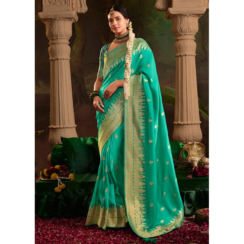 Turquoise Pure Crepe Dola Silk Wedding Festive Saree